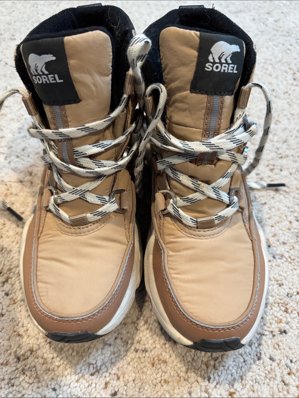 Women’s Sorel Tan and Black Lace-Up Sneaker Boots